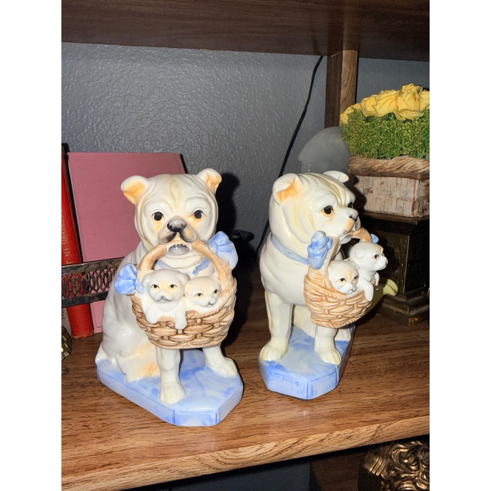 Vintage Fitz and Floyd Pug Dog with Puppies in Basket Ceramic Bookends Set of 2
